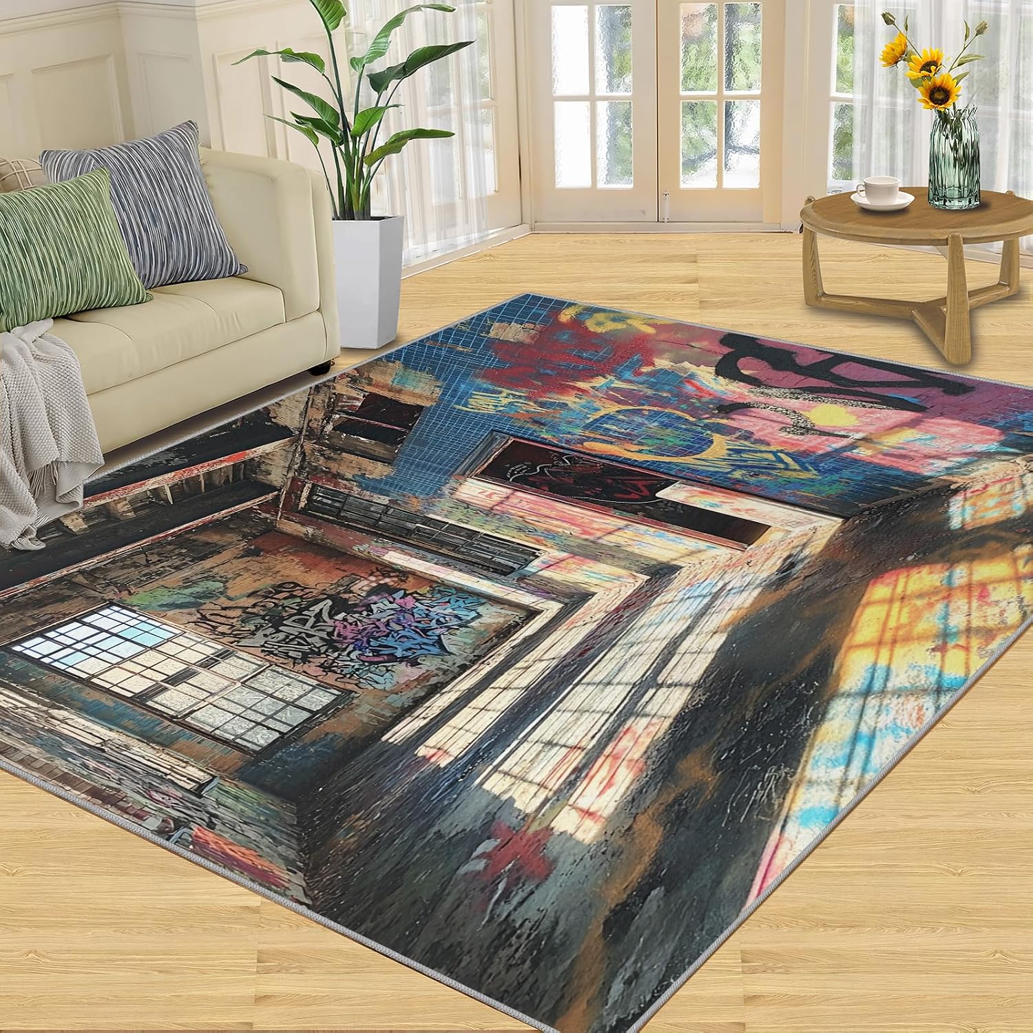 6x8 Graffiti Area Rug - Street Graffiti Large Rugs for Living Room, Ruins Scene Carpet Area Rug for Girls Bedroom Kids Room Basement Office Classroom