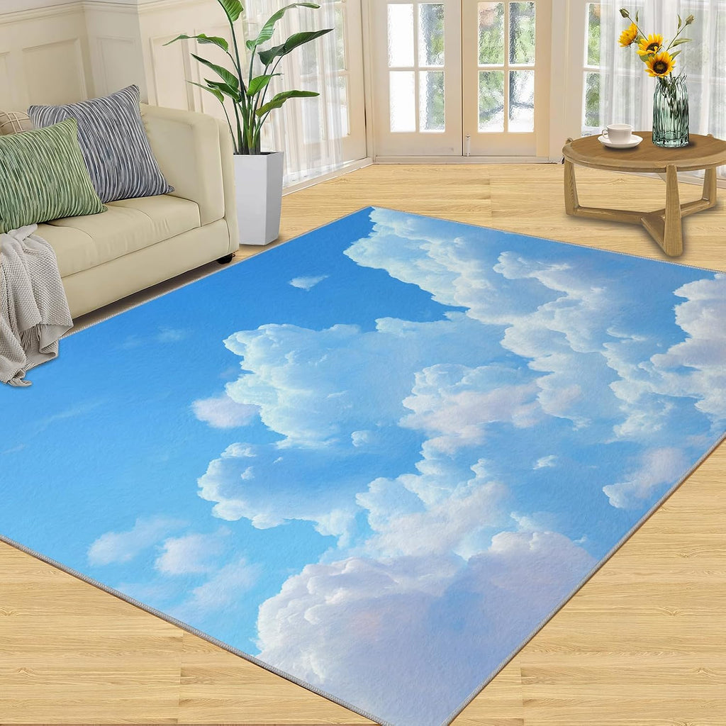 Blue Sky Rugs for Bedroom, White Clouds Rug 6x8, Natural Scenery Dining Room Rugs Washable & Non Slip Large Carpet for Home Decor