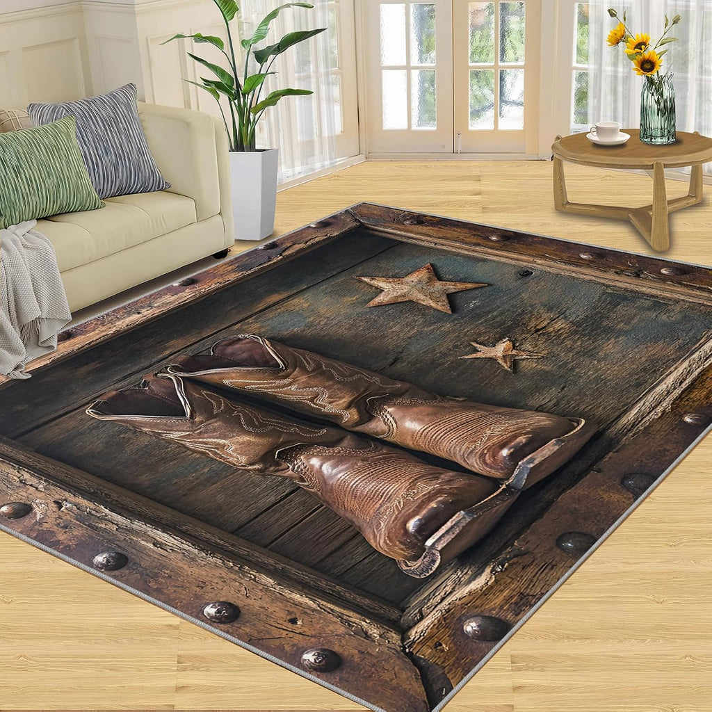 Washable Rugs Western Rug & Home Decor, Brown Area Rug 6x9, Non Slip & Low Pile Carpet, Cowboy Boots Rugs for Bedroom Living Room