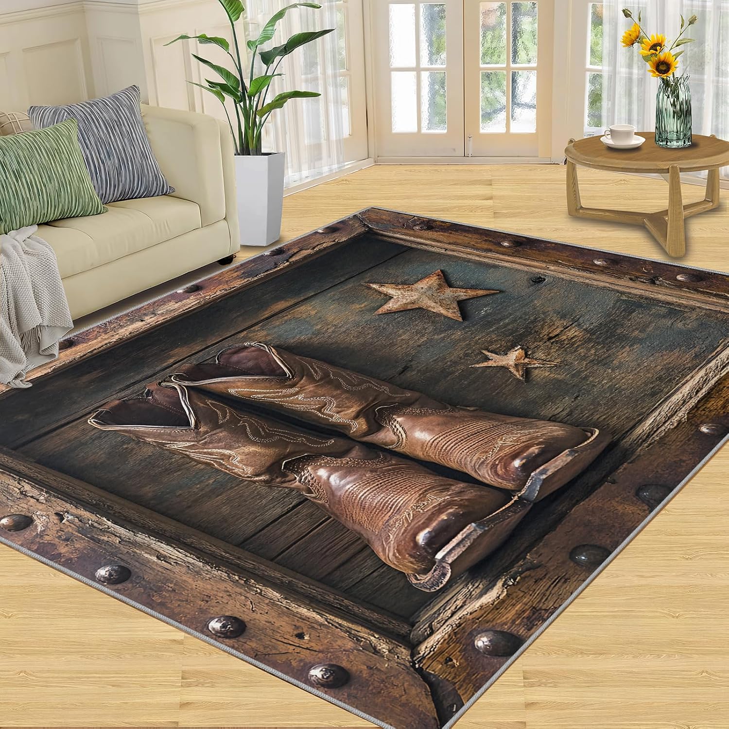 Washable Rugs Western Rug & Home Decor, Brown Area Rug 6x9, Non Slip & Low Pile Carpet, Cowboy Boots Rugs for Bedroom Living Room