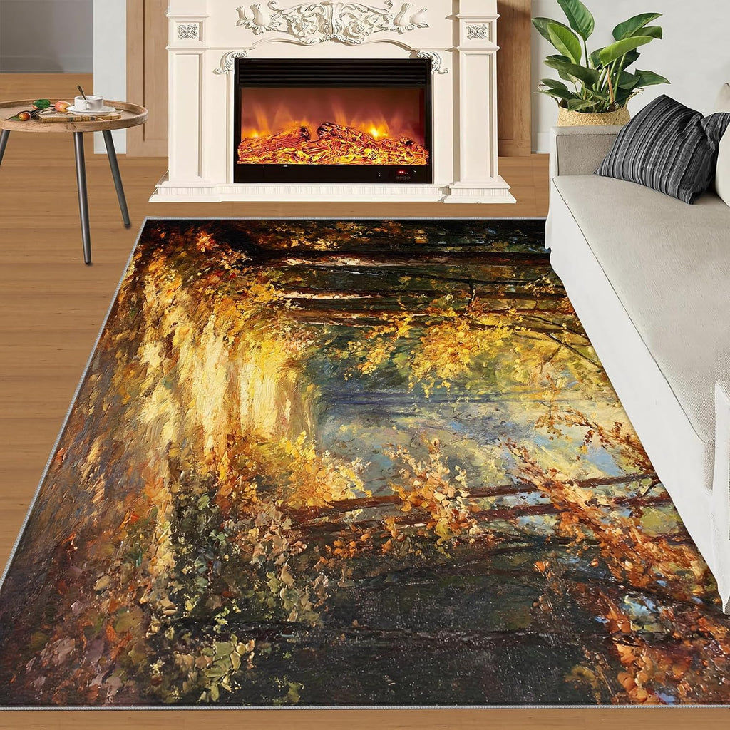 Forest Rug 6x8, Forest Rugs for Bedroom, Oil Painting Rugs for Living Room, Washable Area Rug for Boys Girls Room, Non Slip & Low Pile Carpet