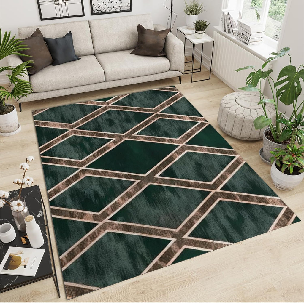 Dark Green Graffiti Texture Area Rug, Golden Line Diamond Stitching Indoor Non-Slip Kids Rugs, Machine Washable Breathable Durable Carpet for Living Dining Dorm Room Bedroom Decor,6 x 8ft