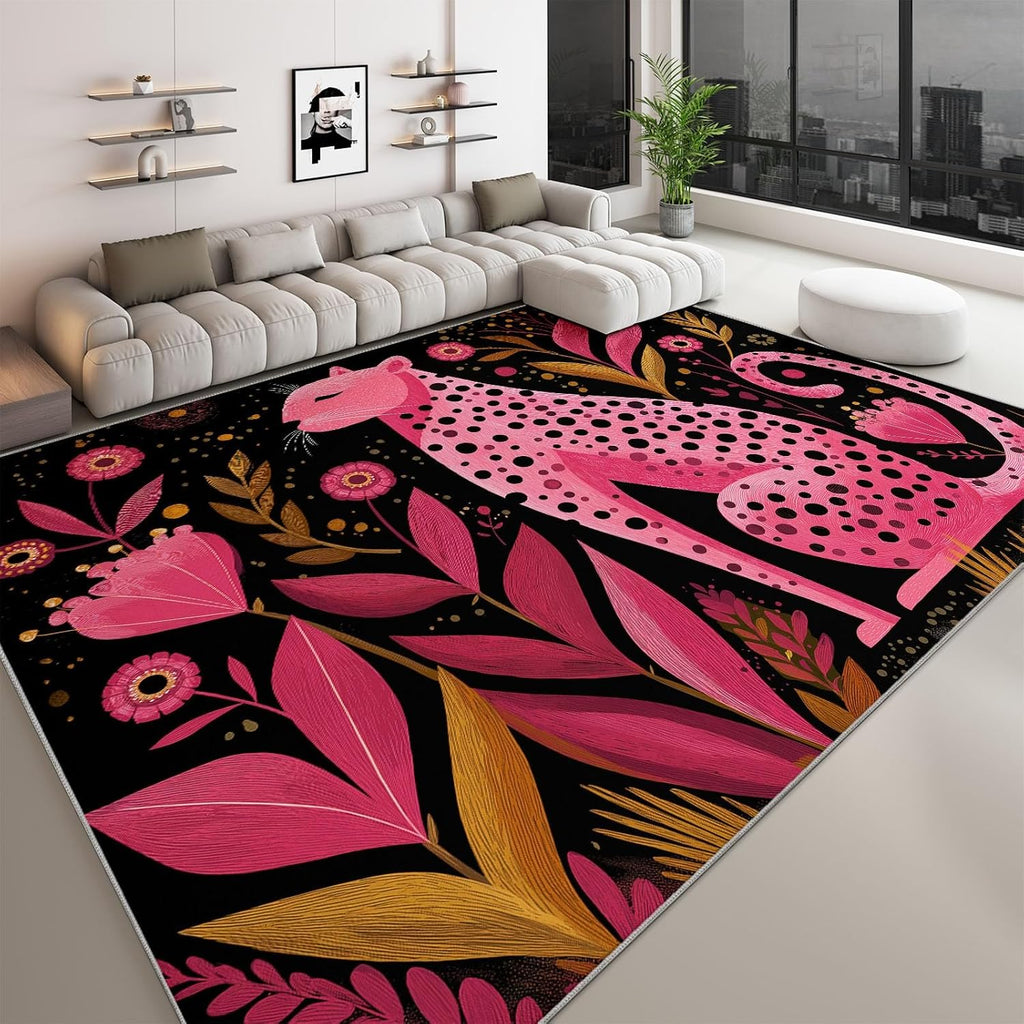 Cartoon Animal Leopard Print Area Rug 5 x 7 ft Washable, Pink Non-Slip Floor Mat - Soft Low-Plie Faux Wool Carpet for Bedroom Living Room Kitchen Entryway Pet Friendly Rug