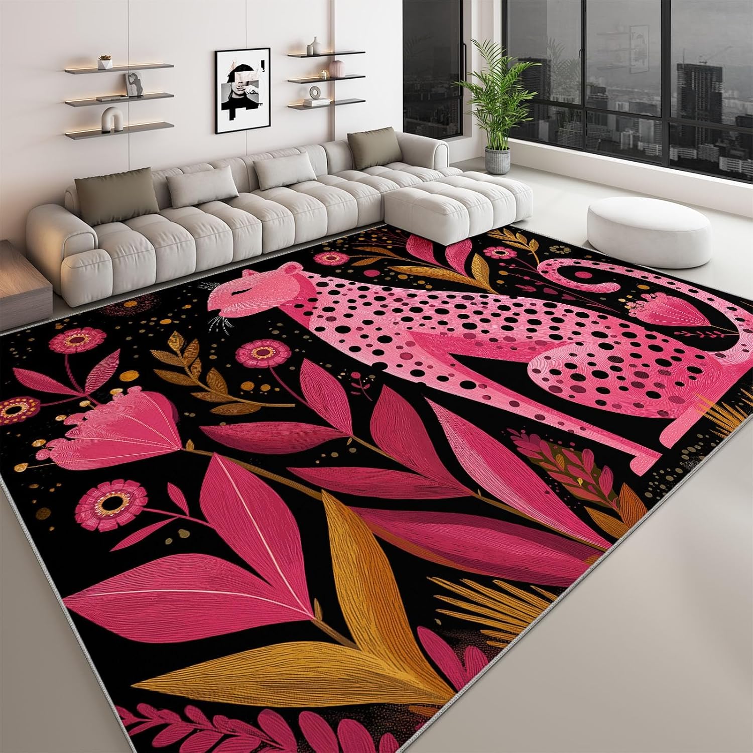 Cartoon Animal Leopard Print Area Rug 5 x 7 ft Washable, Pink Non-Slip Floor Mat - Soft Low-Plie Faux Wool Carpet for Bedroom Living Room Kitchen Entryway Pet Friendly Rug