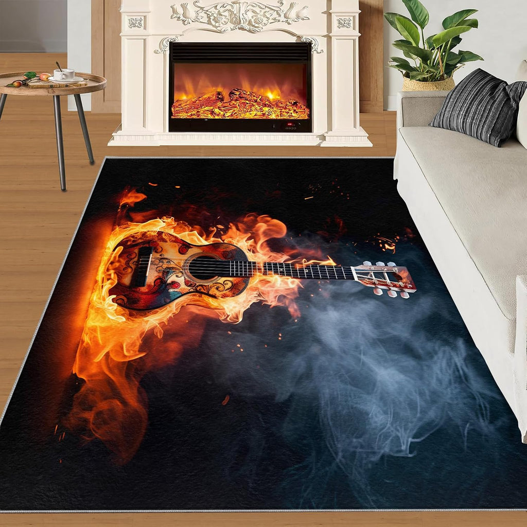Flame Electric Guitar Music Area Rug 6x8 Rugs for Living Room Bedroom, Vintage Guitar Kids Rugs, Dark Copy Space Throw Rugs for Entryway Indoor Front Door Mat Non Slip Bedside Rug