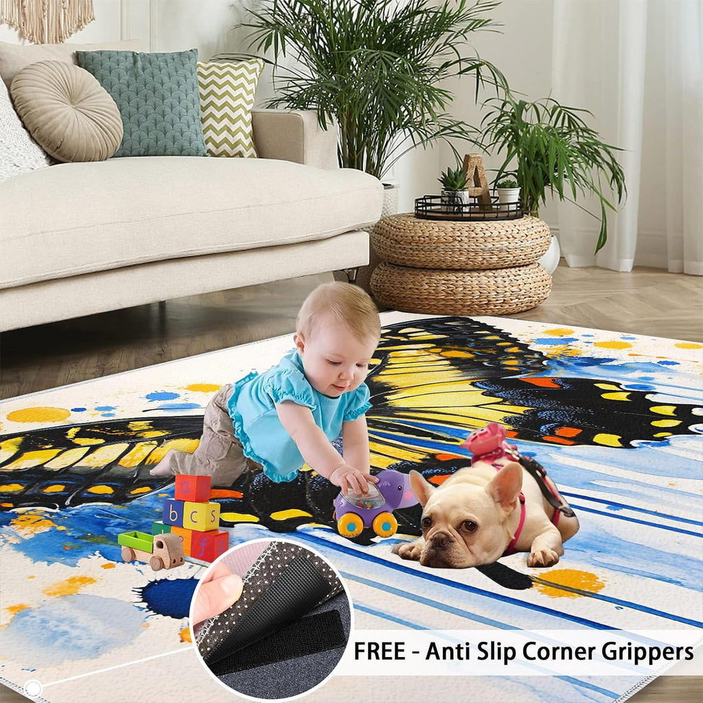 Butterfly Area Rug Large - 6x8 Rug, Moth Rugs for Living Room, Watercolor Carpet, Animal Washable Area Rugs for Bedroom, Kids Carpet, Butterfly Home Decor