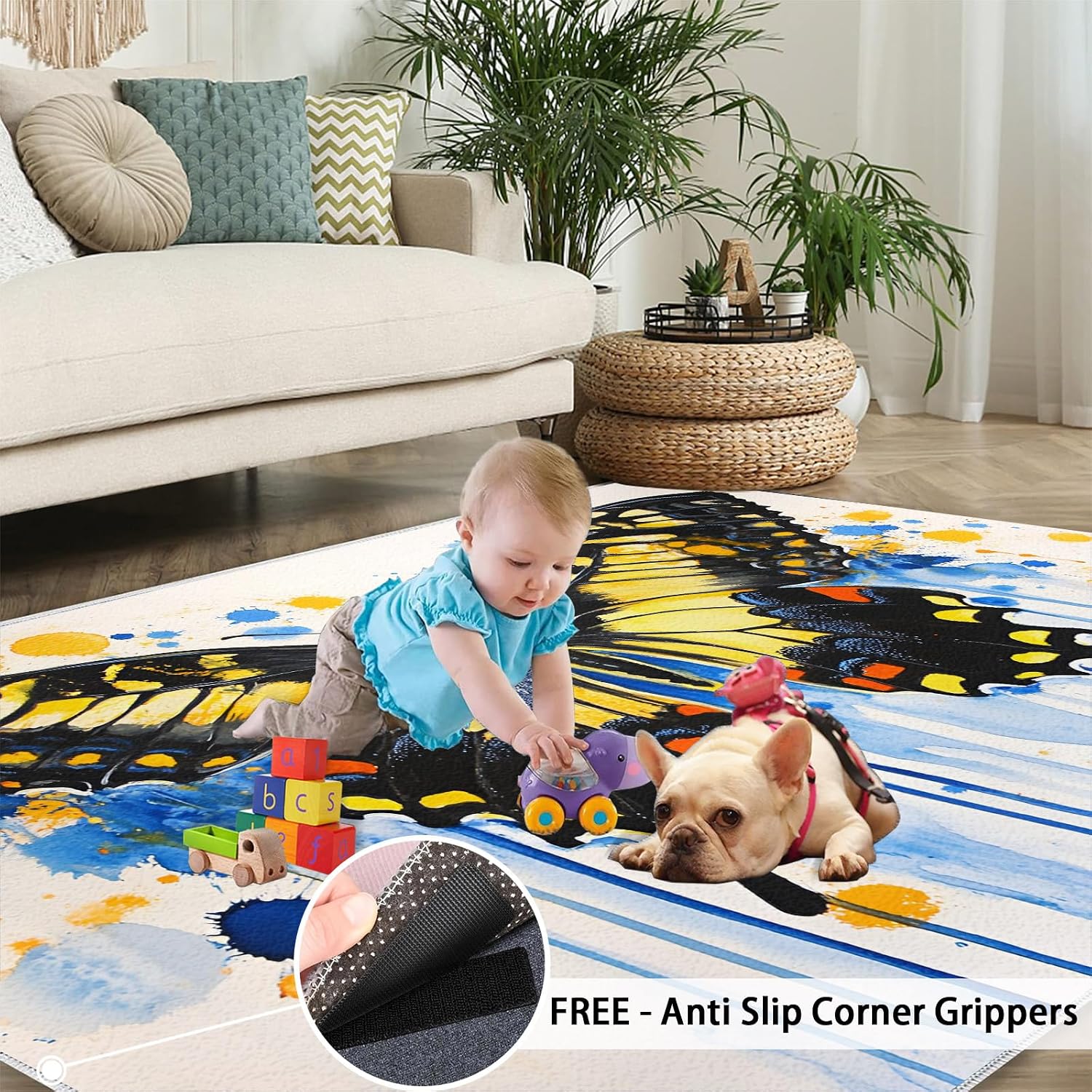 Butterfly Area Rug Large - 6x8 Rug, Moth Rugs for Living Room, Watercolor Carpet, Animal Washable Area Rugs for Bedroom, Kids Carpet, Butterfly Home Decor