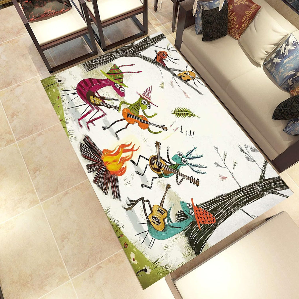 Anime Ants Washable Area Carpet 5x6ft Musical Instrument Guitar Living Room Rugs Non-Slip Rugs White Bedroom Rug Decorative Carpet, for Dining Room Dormitory Washable Rug