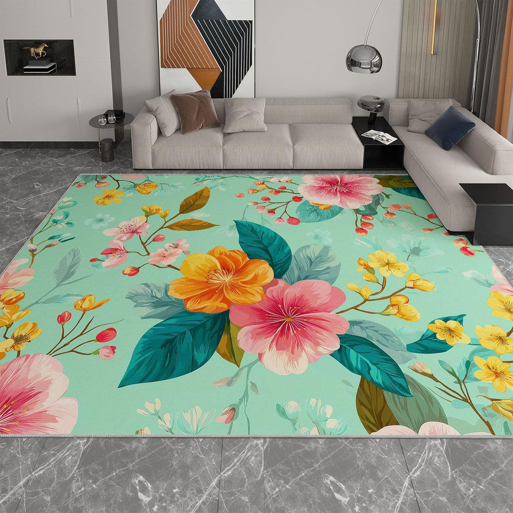Pastoral Living Room Carpet 5 x 7 ft Area Rug, Washable Non-Slip Indoor Carpet for Bedroom - Plants Floral Mint Green Print Kids Rug for Nursery Playroom Classroom Dorm Office Dining Room