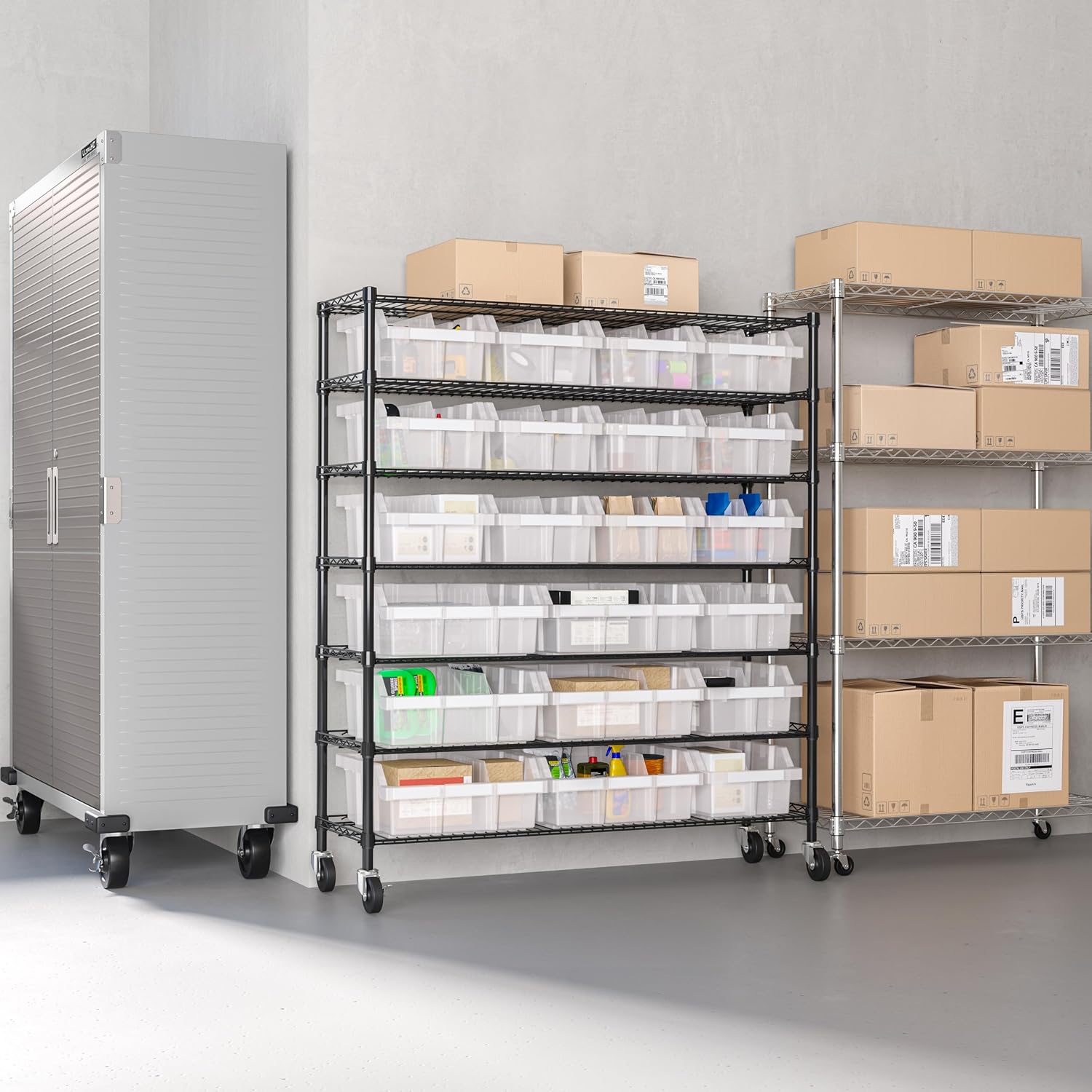 Seville Classics Heavy Duty NSF Bin Rack Solid Steel Wire Shelving Storage Unit, Patented Organizer for Garage, Warehouse, Office, Restaurant, Classroom, Kitchen, Translucent, Includes 21 Bins