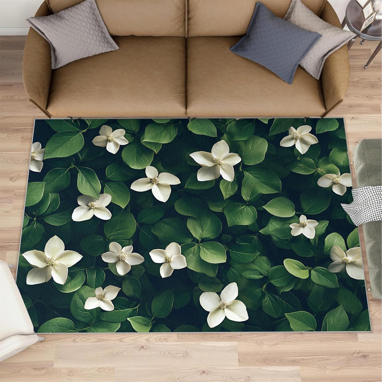 Flowers Rug, Plants Rugs for Bedroom 5x7 Rug, Green Leaves Area Rug, Rugs for Living Room, Non Slip Washable Carpet for Kids Room Home Decor