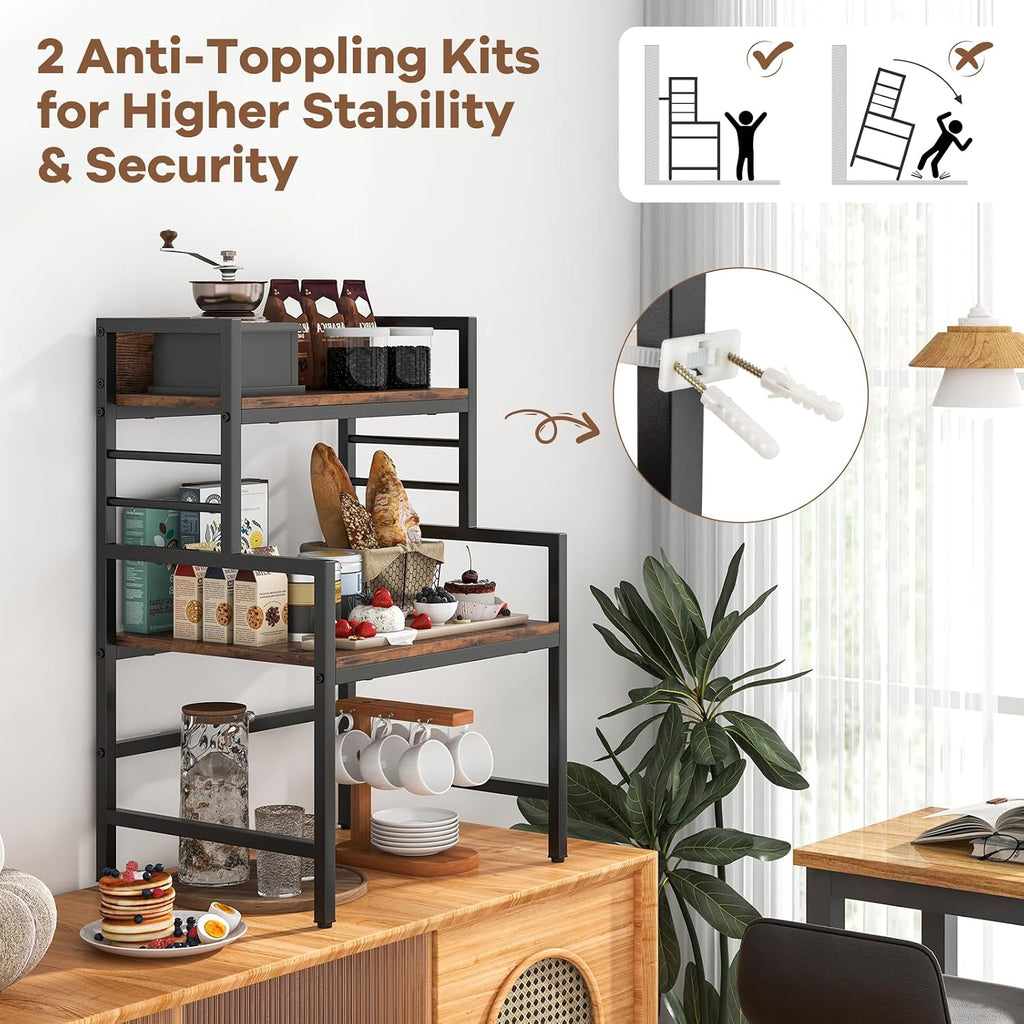 TANGZON 3-Tier Baker's Rack, Industrial Microwave Oven Stand with 2 Anti-tipping Kits & Adjustable Foot Pads, Metal Frame Utility Kitchen Storage Shelves Organiser for Dining Living Room