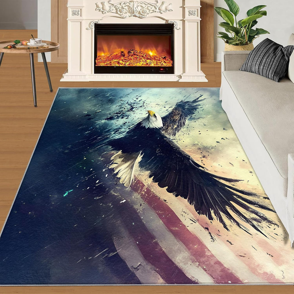 Bald Eagles Rug 6x9 Area Rug, Eagle Washable Rugs, Patriotic Rugs for Living Room Bedroom Decor, Low Pile & Non Slip Indoor Carpet