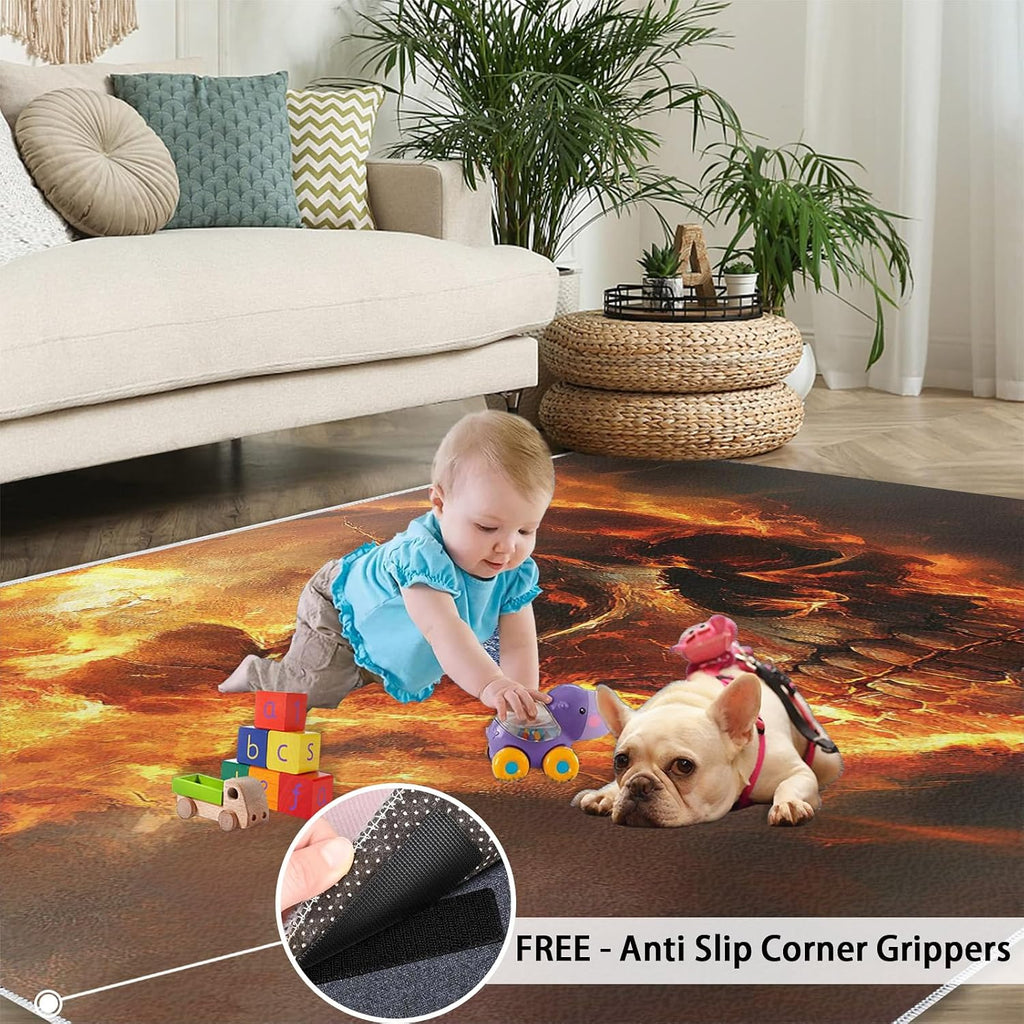 Flaming Skull Area Rug 6x8 - Horror Skull Large Rugs for Living Room, Terrifying Skeleton Carpet Area Rug for Girls Bedroom Kids Room Basement Office Classroom