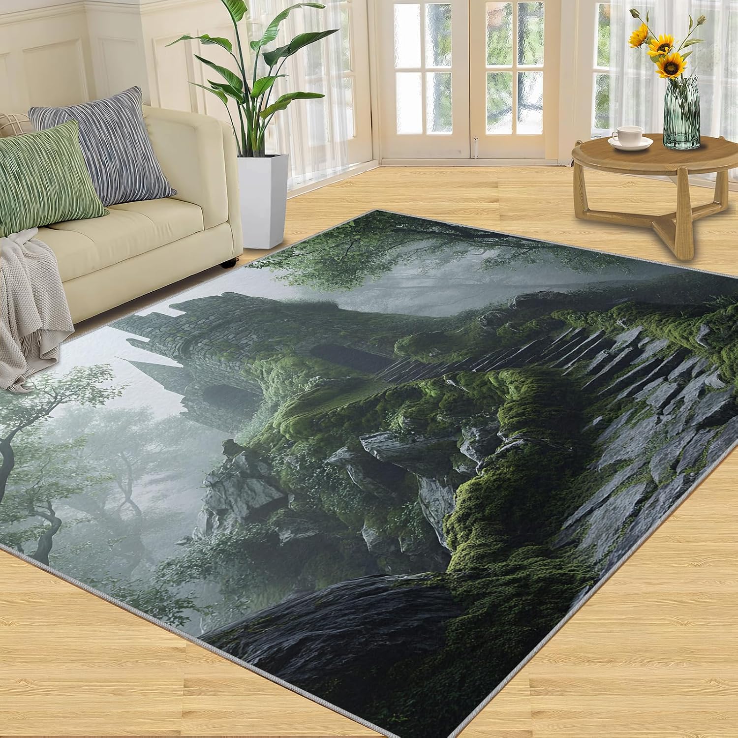 Castle Rug 6x8, Forest Rugs for Living Room, Ancient Castle Area Rug, Non Slip Washable Rugs for Bedroom Kitchen Dining Room Decor Carpet