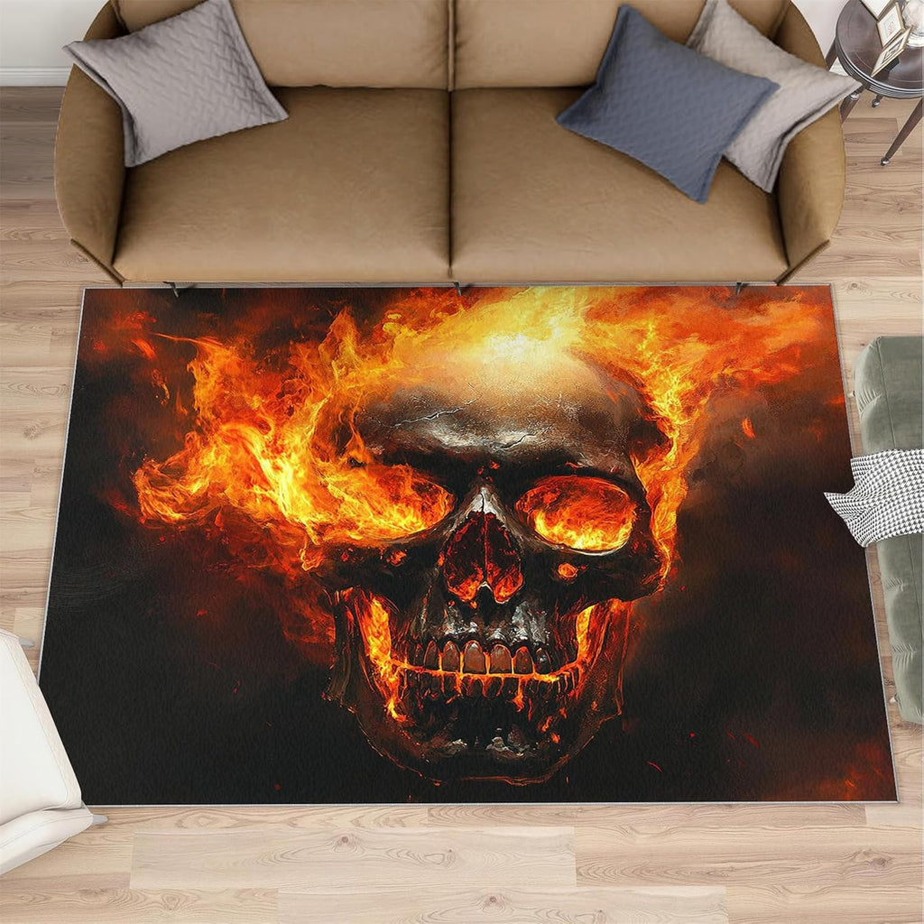 Skull Rugs for Bedroom - 6x8 Rug, Gothic Area Rugs for Living Room, Flame Carpet, Halloween Washable Area Mat, Skull Carpet, Halloween Home Decor & Gifts
