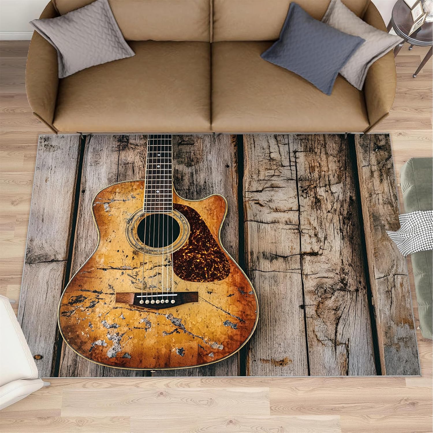 Guitar Area Rug 6x8, Country Guitar Rugs for Living Room, Music Bedroom Rug, Machine Washable Rugs for Sofa Kitchen Dining, Non-Slip Home Decor Carpet