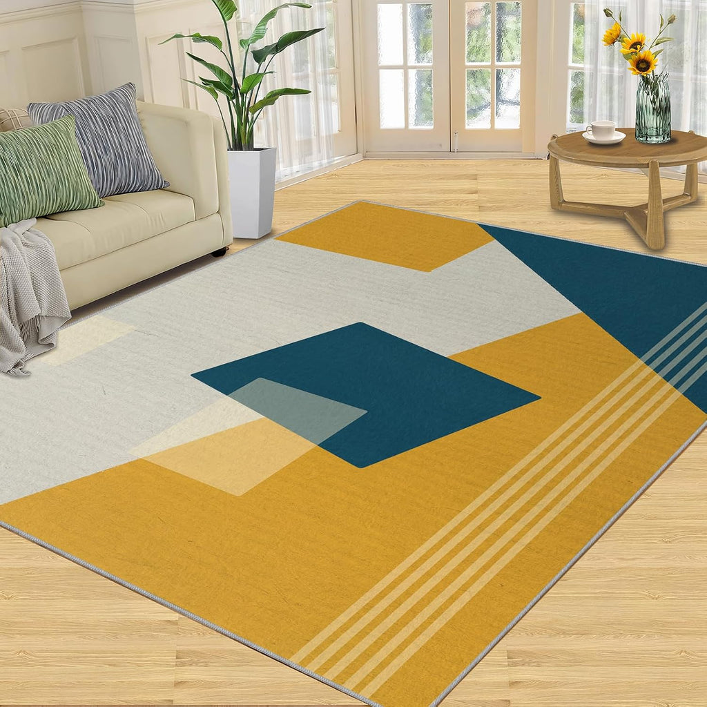 Blue Yellow Geometric Area Rug, European Minimalist Rugs for Living Room, Indoor Non-Slip Kids Rugs, Machine Washable Breathable Durable Carpet for Front Entrance Floor Decor,6 x 8ft