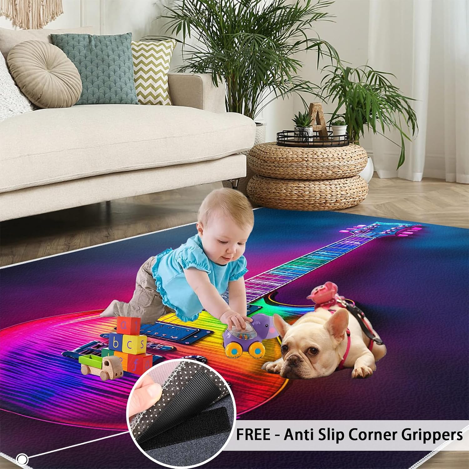 Guitar Rug 6x8, Neon Guitar Rugs for Bedroom, Music Rugs for Living Room, Washable Area Rug for Boys Girls Room, Non Slip & Low Pile Carpet