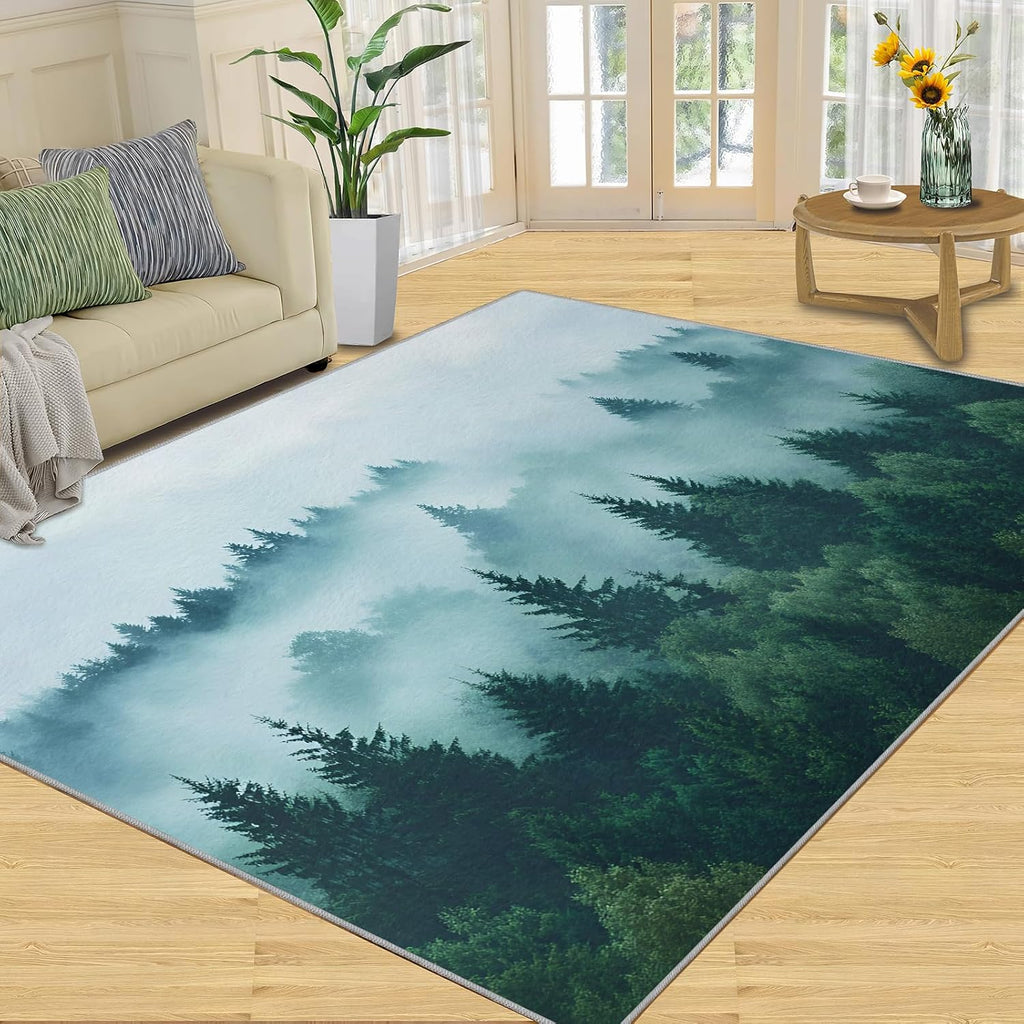 Forest Rugs for Bedroom, Misty Forest Rug 6x8, Natural Scenery Dining Room Rugs Washable & Non Slip Large Carpet for Home Decor