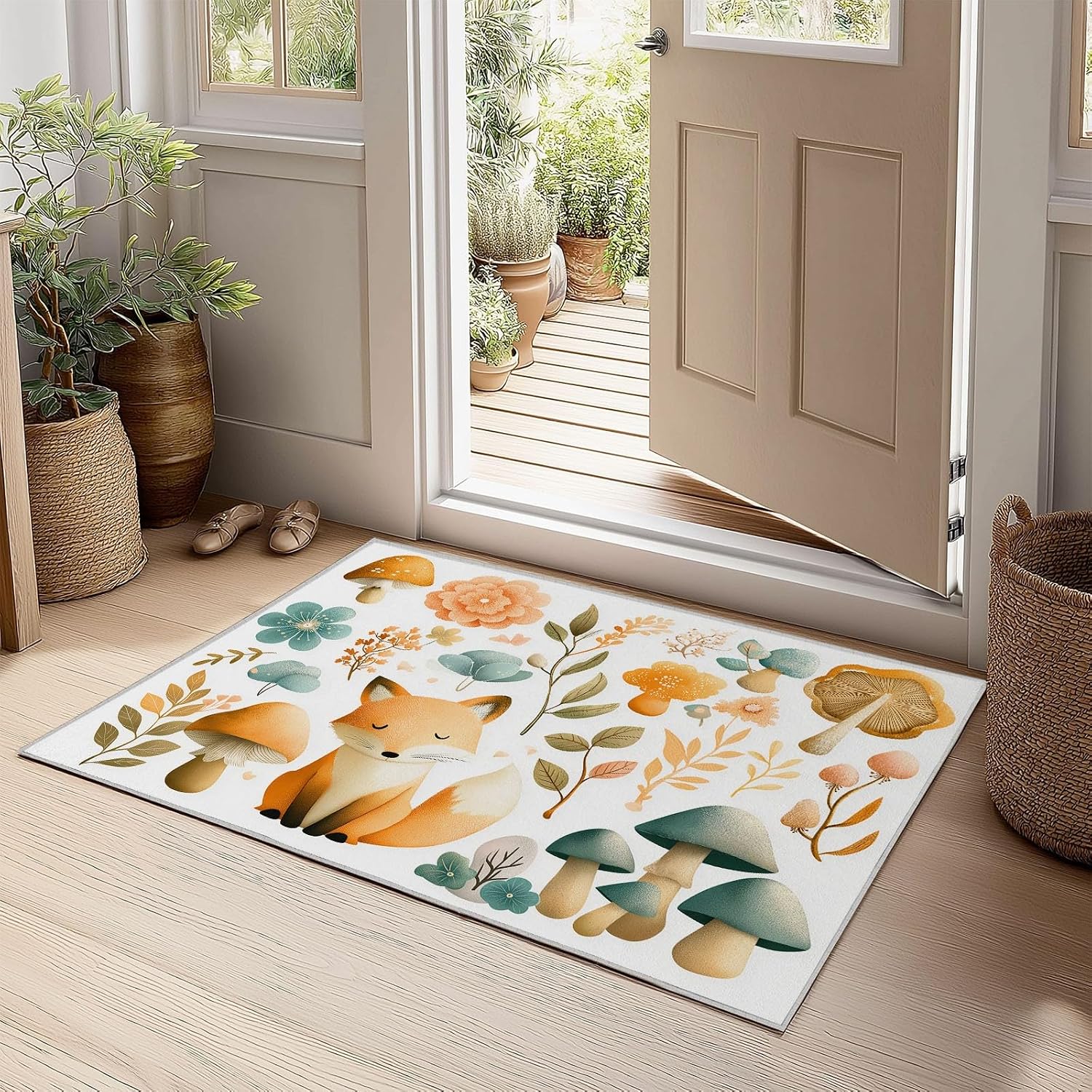 Indoor Non-Slip Area Rug 5 x 7 ft, Cartoon Style Washable Rug Watercolor Plants Animals Fox Low Pile Carpet for Living Room Entryway Kitchen Front Entrance Kids Room Door Mat Laundry