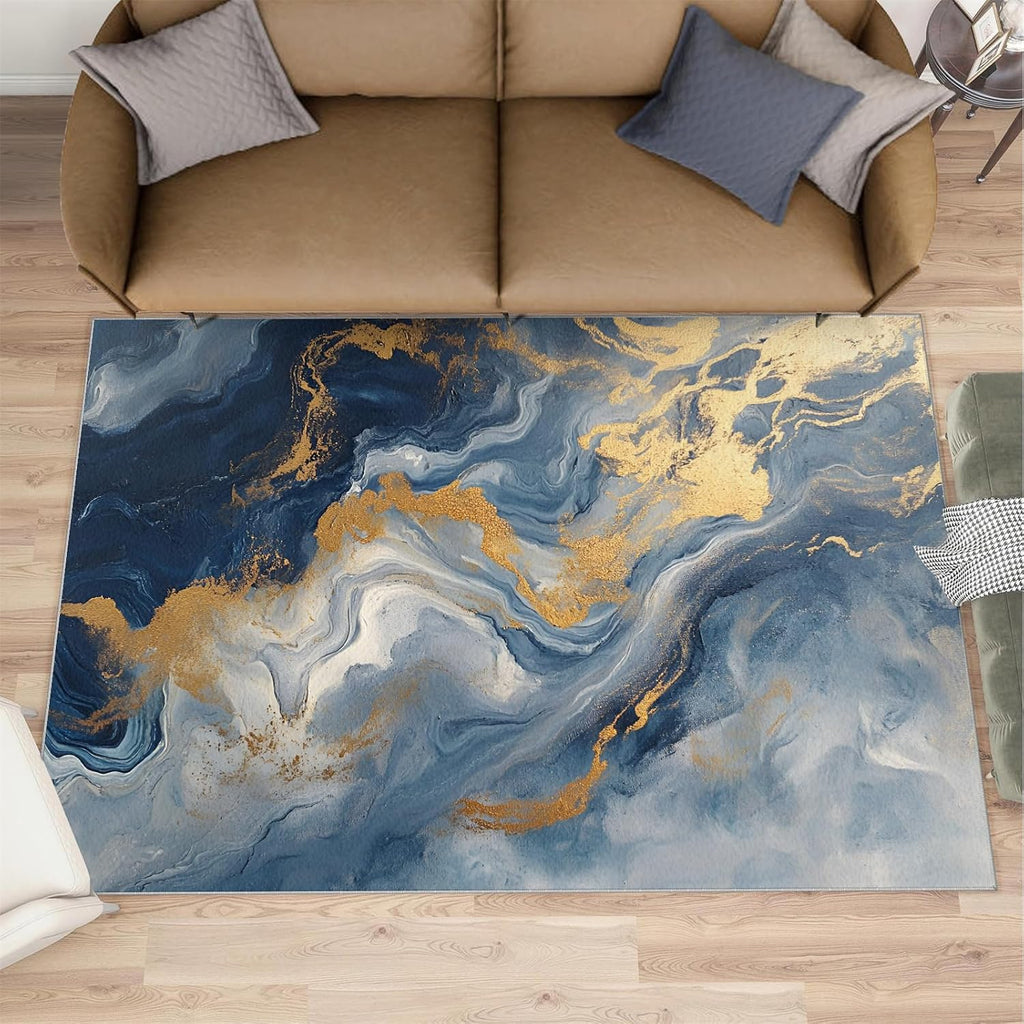 Blue Marble Area Rug, Marble Print Rugs, Machine Washable Kids Rug for Living Room Bedroom Children's Room Dormitory Decor Floor Mat 6x8