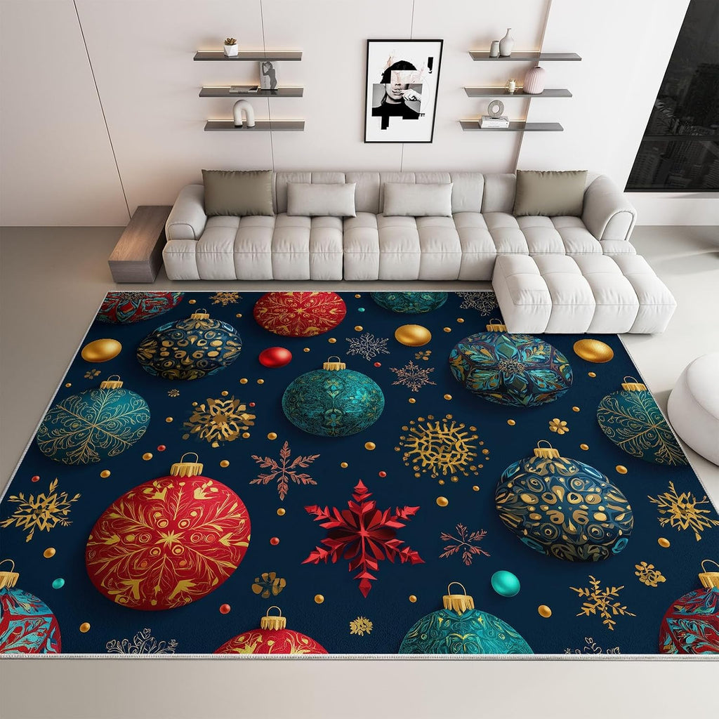 5' x 7' Rugs Living Room Christmas Area Rug Bedroom, Non Slip Durable Large Floor Carpet Geometric Turquoise Spheres Snowflakes Indoor Carpet Washable for Dining Room Kitchen Kids Playroom Dorm