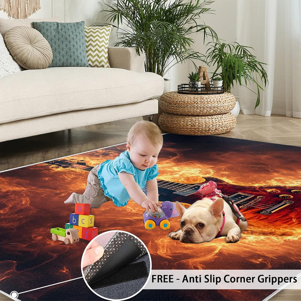 Flame Guitar Rug - Large Rug 6x8 - Electric Guitar Rugs for Living Room - Soft & Non Slip & Washable Rugs for Bedroom, Instrument Carpets for Dining Room Lounge Girls Room