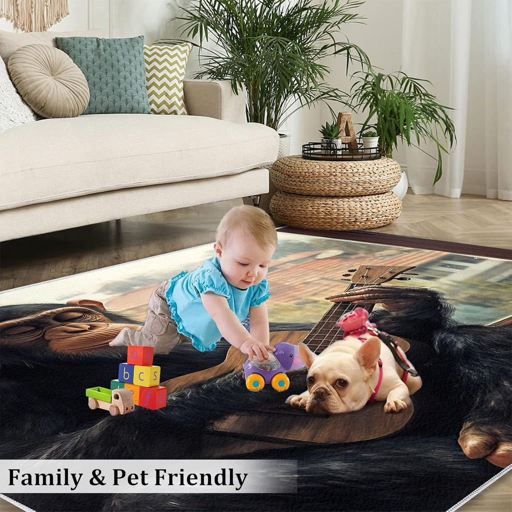 5x7 Chimp Area Rugs - Chimpanzee Rugs for Bedroom Girls, Guitar Chimpanzee Rug Non Slip Soft Rugs for Living Room Hardwood Floors Teen Room