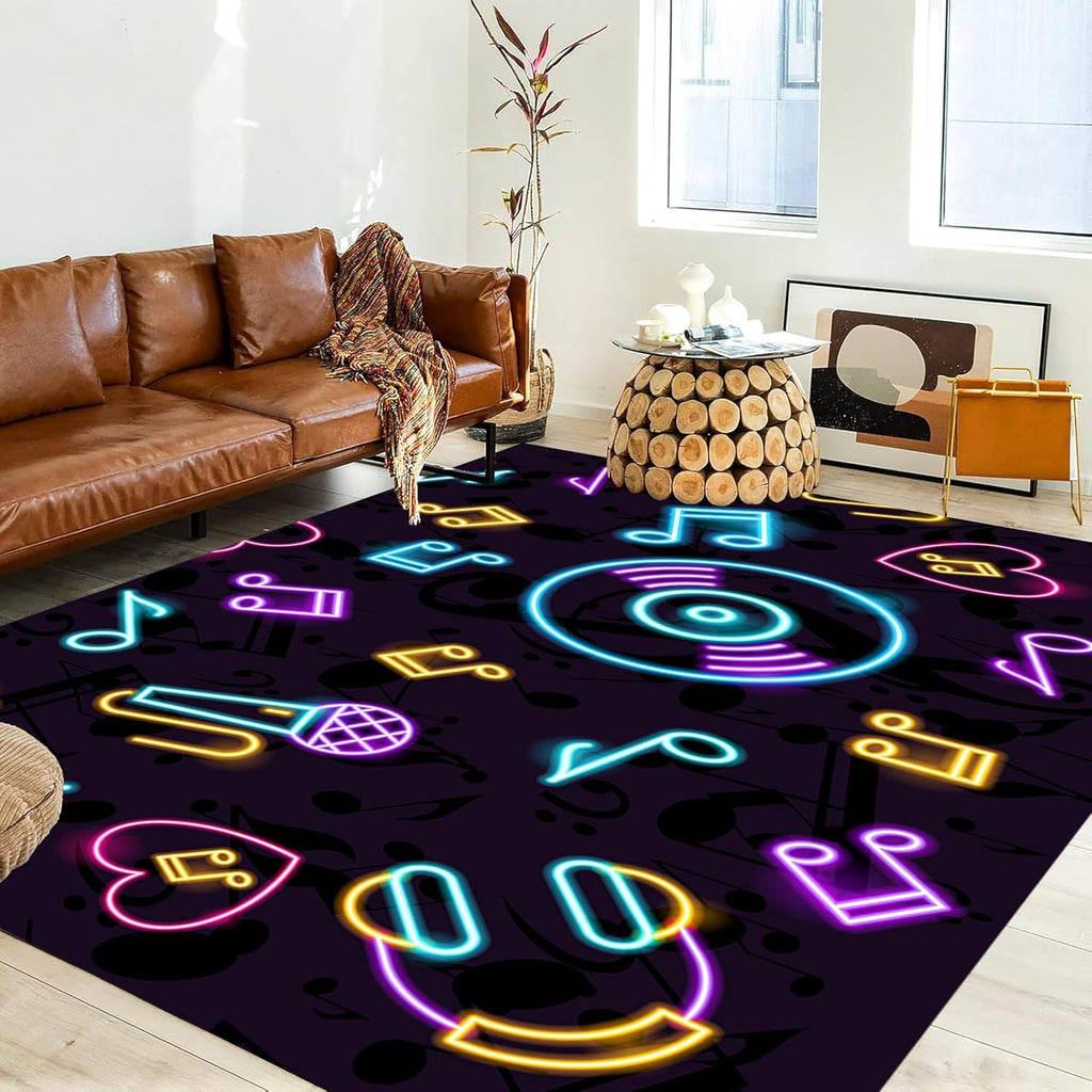 UNREASTO Music Rug for Living Room, 6x8ft, Colorful Record Note Microphone Design Cool 3D Indoor Rug Mat, Non-Slip Machine Washable Rugs for Children Boy Girl Bedroom Music Room Decoration