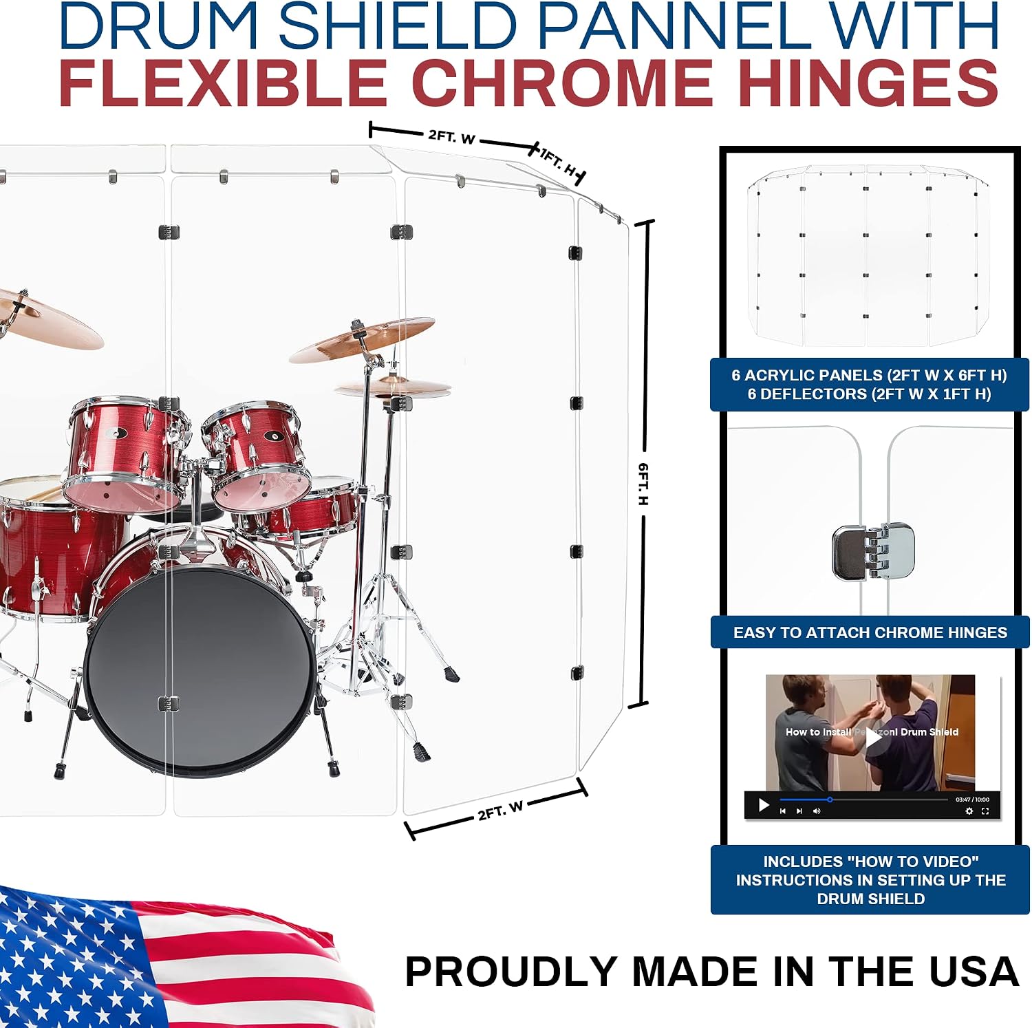Drum Shield DS7D Chrome Hinges 6 panels Full 1/4' x 24' x 72' Crystal Clear Acrylic 6 Deflector Panels 12' x 24'