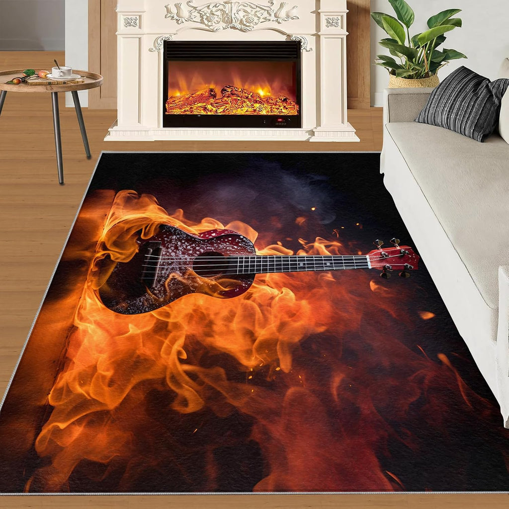 Flame Guitar Area Rug 5.3x6.6ft Rock Band Rugs for Boy Room, Cool Electric Guitar Kids Rug, Non-Slip Low Pile Carpet for Music Lovers Bedroom Band Music Room Recording Studio