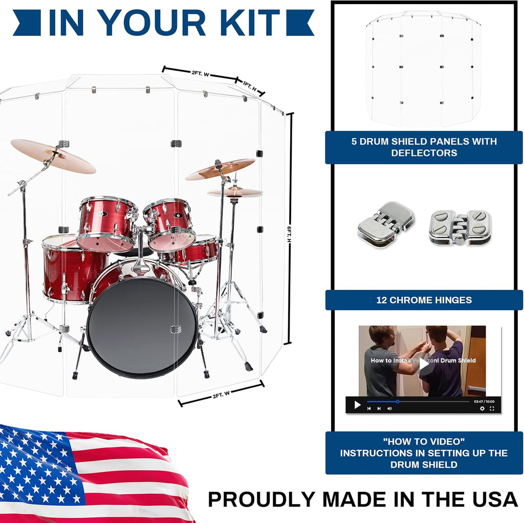 PENNZONI Drum Shield 6ft w/Deflectors & Chrome Hinges, Comes w/ 5 Drum Panels, 5 Deflectors, Chrome Hinges & Deflector Connectors, Premium Clear Acrylic Panels