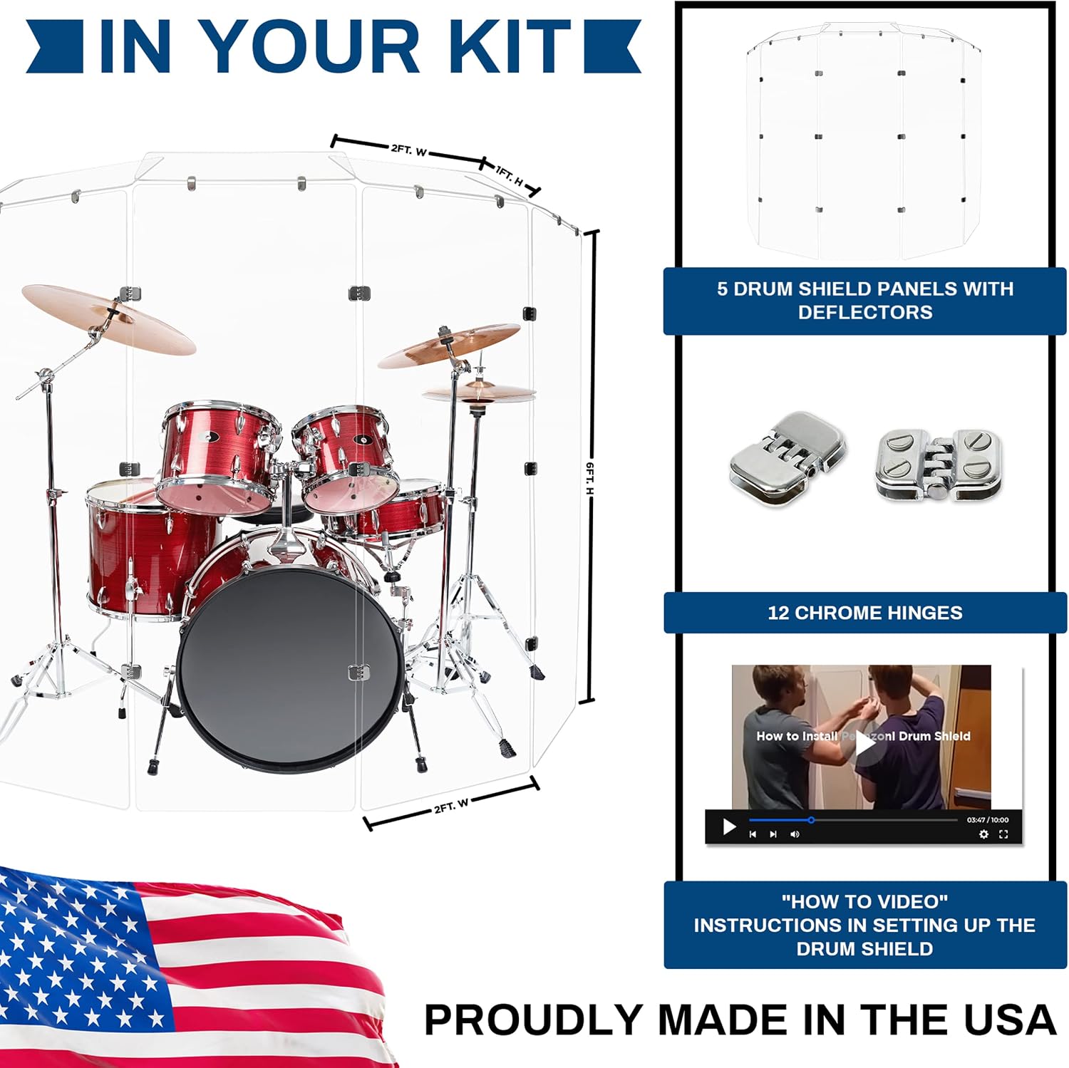 PENNZONI Drum Shield 6ft w/Deflectors & Chrome Hinges, Comes w/ 5 Drum Panels, 5 Deflectors, Chrome Hinges & Deflector Connectors, Premium Clear Acrylic Panels