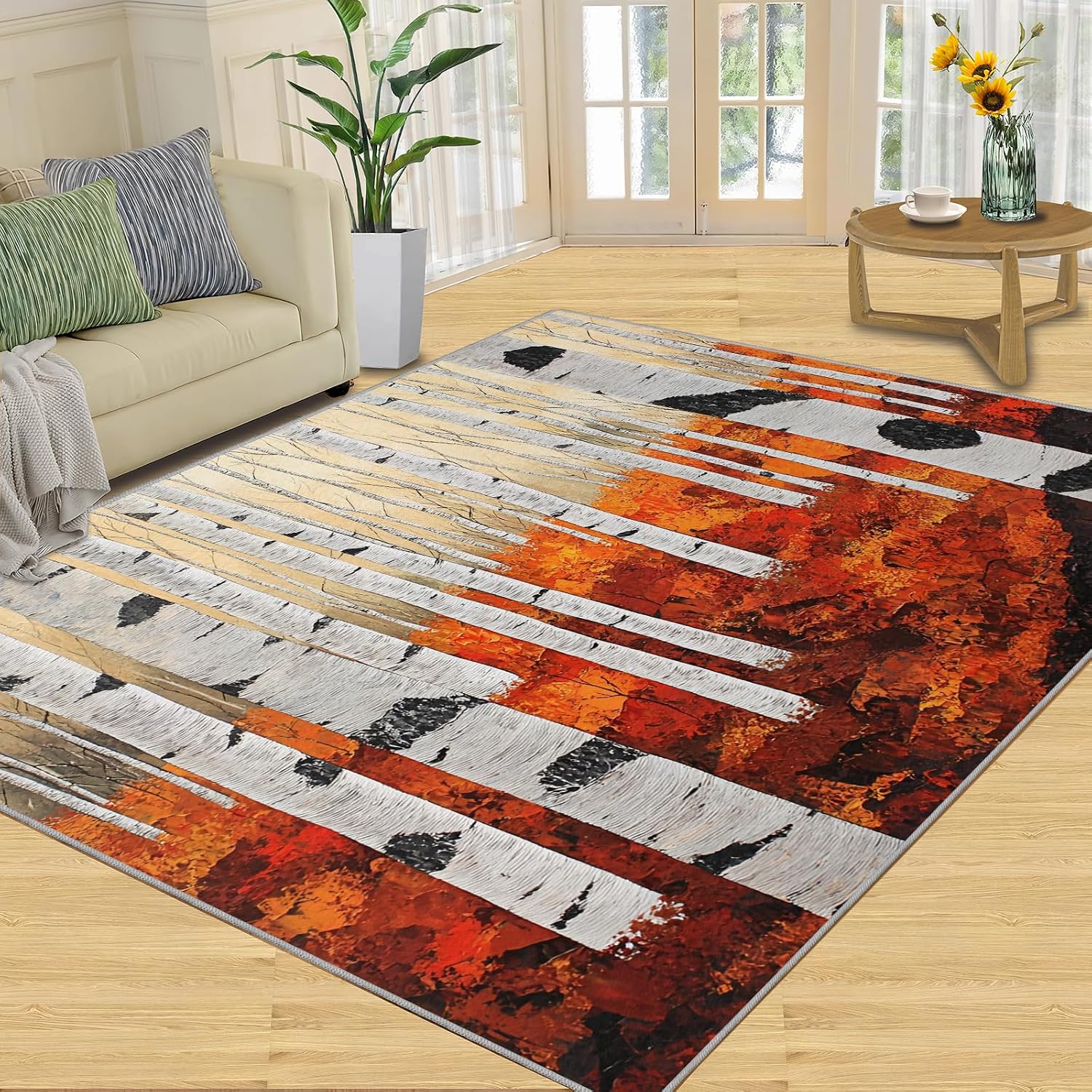 Birch Tree Rug - 6x8 Rug, Autumn Forest Area Rugs for Bedroom, Watercolor Rugs for Living Room, Forest Washable Carpet, Birch Tree Home Decor & Gifts