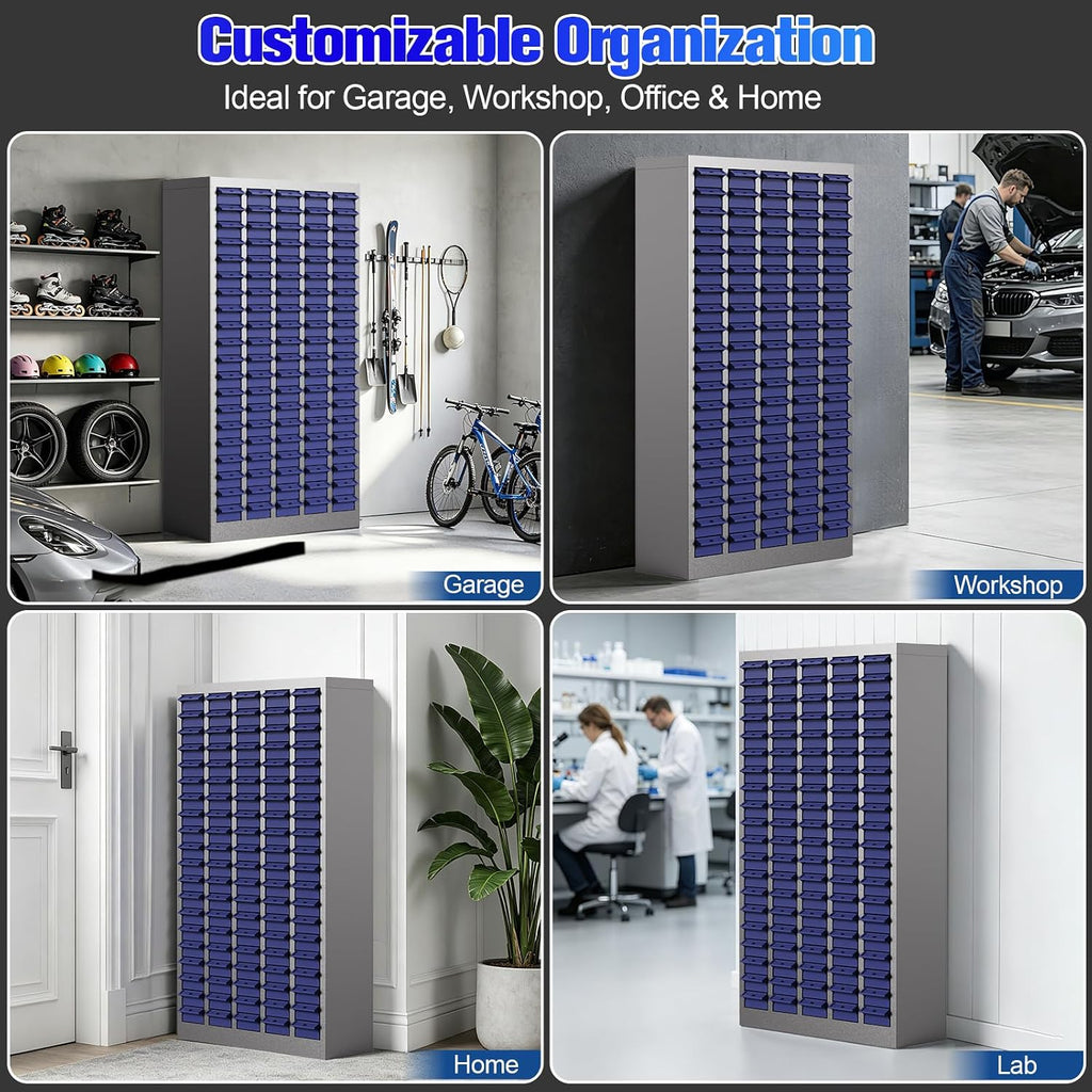 100 Drawers Nut and Bolt Organizer, 45 Inch Tall Steel Hardware Organizer with Adjustable Dividers & Labels, Large Capacity Heavy Duty Parts Cabinet for Garage Workshop Industrial Use