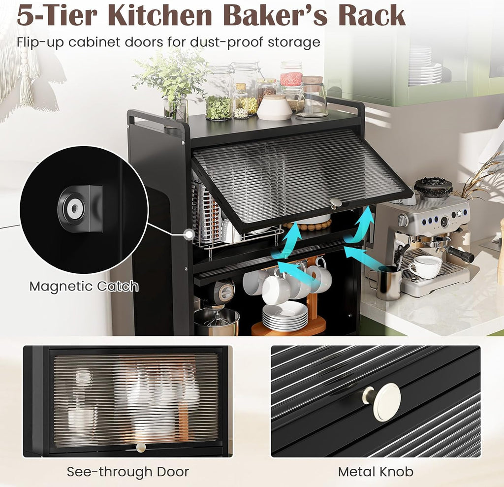 LDAILY 5-Tier Kitchen Storage Cabinet, Mobile Microwave Stand with Metal Frame, Double Anti-toppling Device, 4 Rolling Casters, Freestanding Bakers Rack for Kitchen, Dining Room, Living Room (Black)