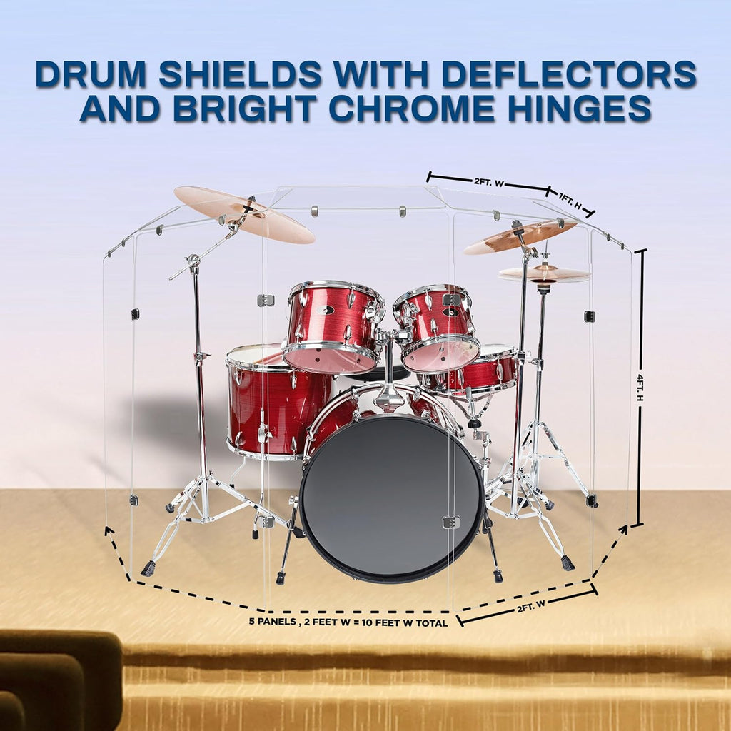 PENNZONI Drum Shield 4ft w/Deflectors & Chrome Hinges, Comes w/ 5 Drum Panels, 5 Deflectors, Chrome Hinges & Deflector Connectors, Premium Clear Acrylic Panels