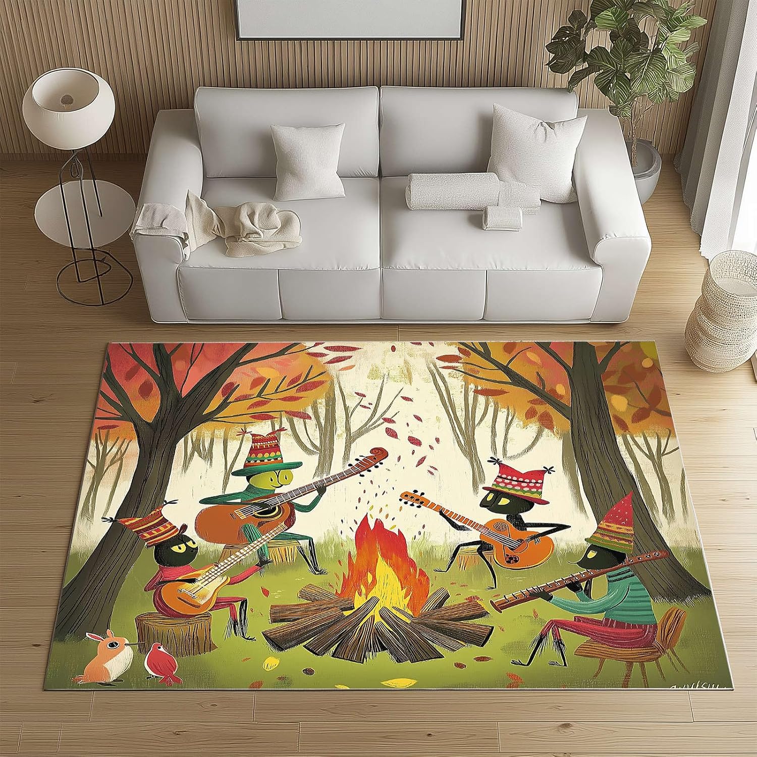 Anime Ants Area Rug for Bedroom 5x8 Musical Instrument Guitar Large Area Rugs Living Room Green Carpet for Study Bedroom Nursery, Washable Rugs Non Slip Soft Carpet