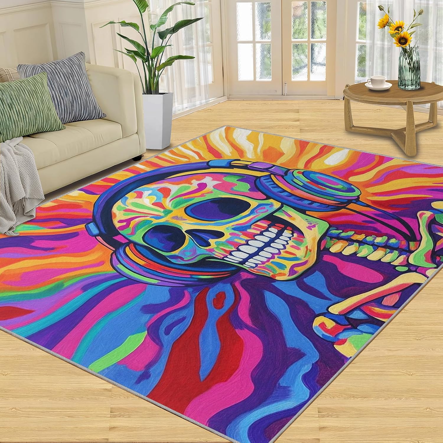 Headphone Skull Rug 6x8 - Pop Art Large Rugs for Living Room, Colorful Skeleton Carpet Area Rug for Girls Bedroom Kids Room Basement Office Classroom