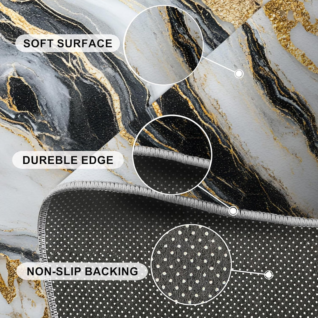 Black White Gold Marble Rugs for Bedroom - 6x8 Rug, European Style Area Rugs for Living Room, Contemporary Carpet, Abstract Washable Mat, Marble Home Decor & Gifts