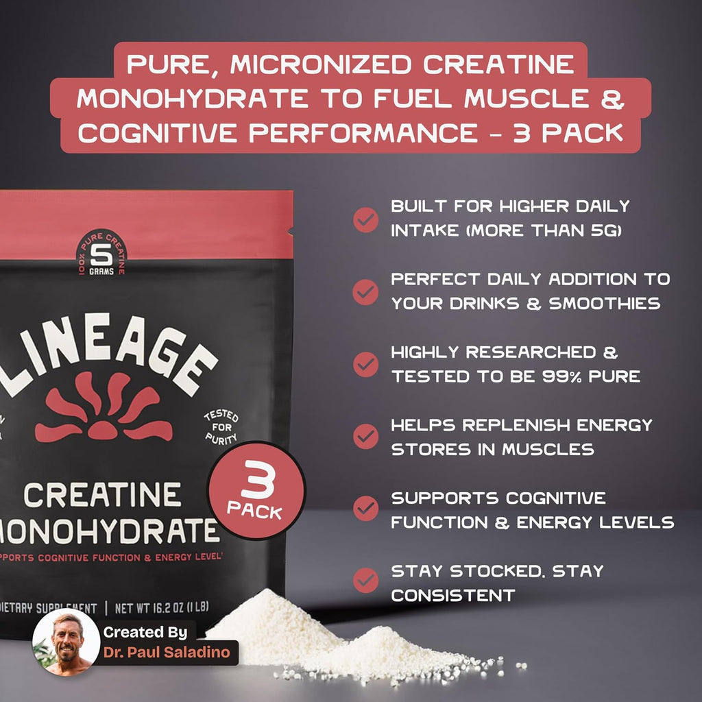 Lineage Provisions Micronized Creatine Monohydrate Powder with Sea Salt – Bulk 3 Pack – Unflavored Creatine Supplement for Men & Women – Easy Mix, 90 Servings Each