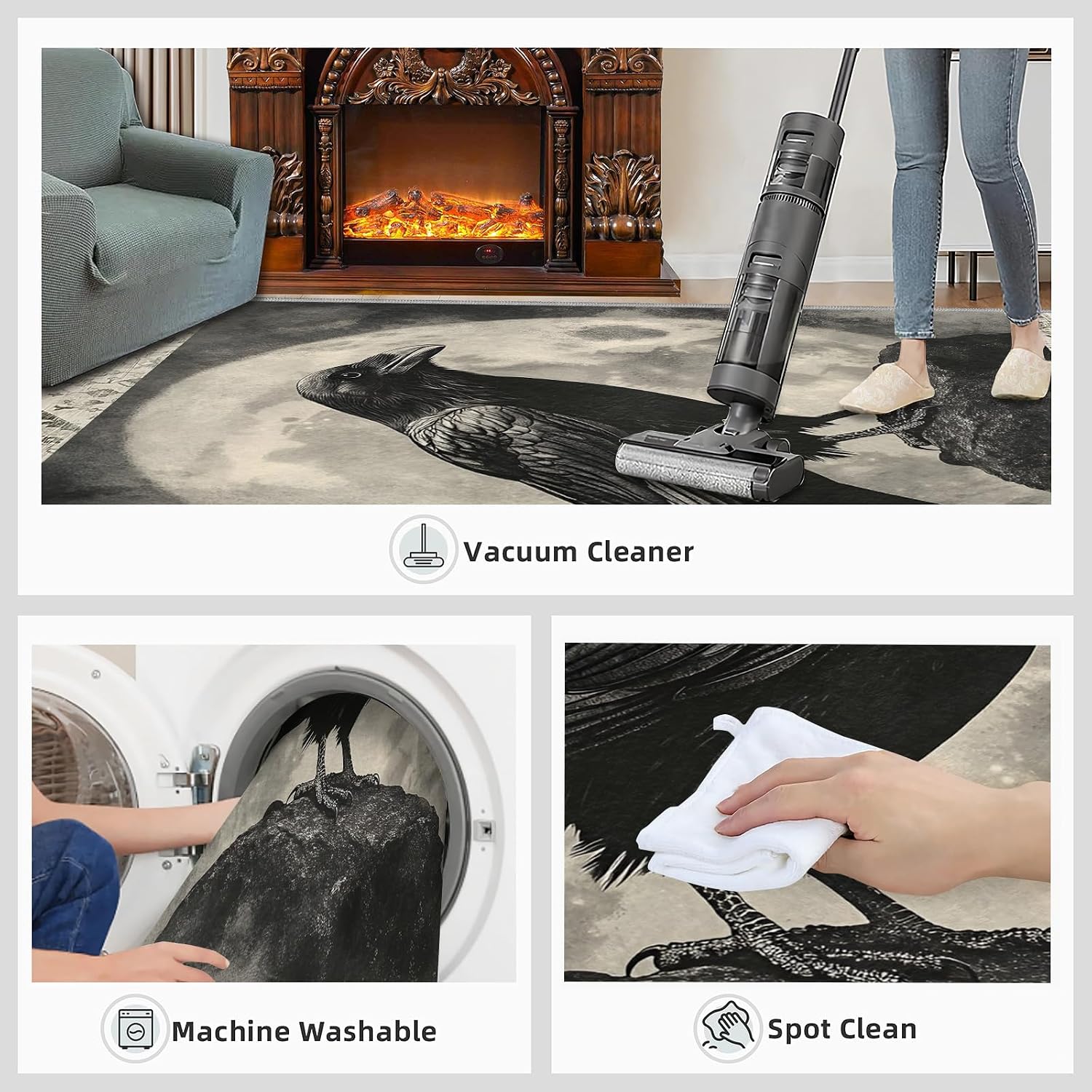 Black and White Rug - Large Rug 6x8 - Crow Rugs for Living Room - Soft & Non Slip & Washable Rugs for Bedroom, Full Moon Carpets for Dining Room Lounge Girls Room