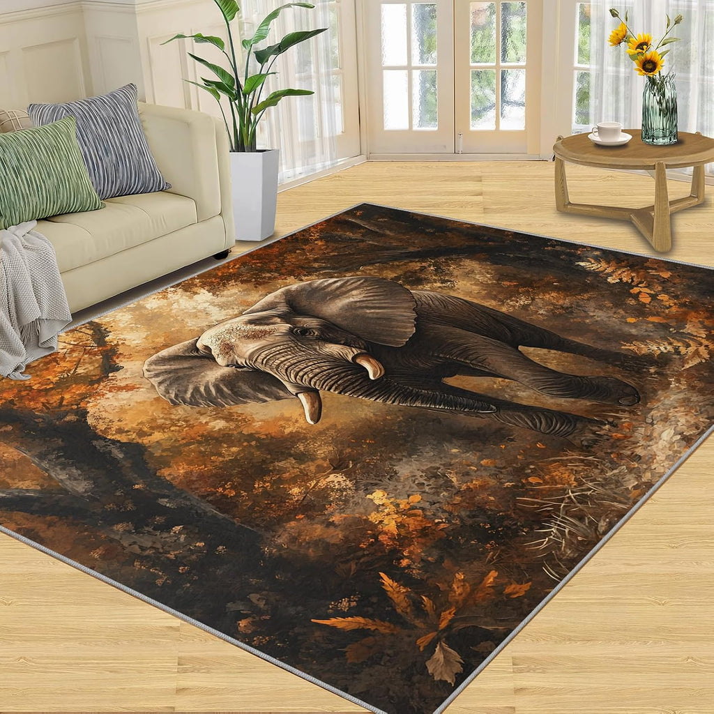 Elephant Rug 6x8, Forest Rugs for Bedroom, Animal Area Rug, Home Decor Rugs for Living Room, Non-Slip Machine Washable Carpet