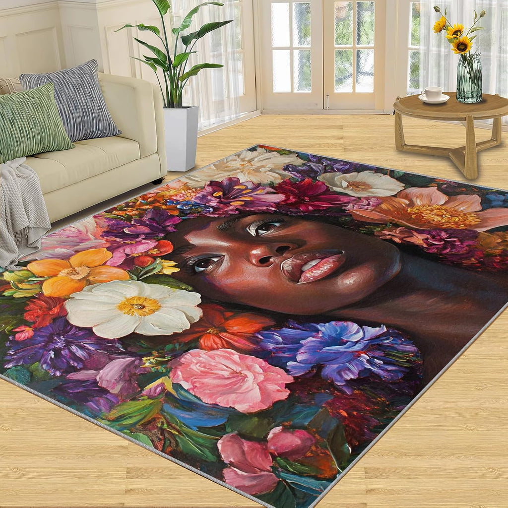 African Women Bedroom Rug, Flowers Area Rug, Home Decor Carpet for Sofa Under Living Room Floor Mat 6x8