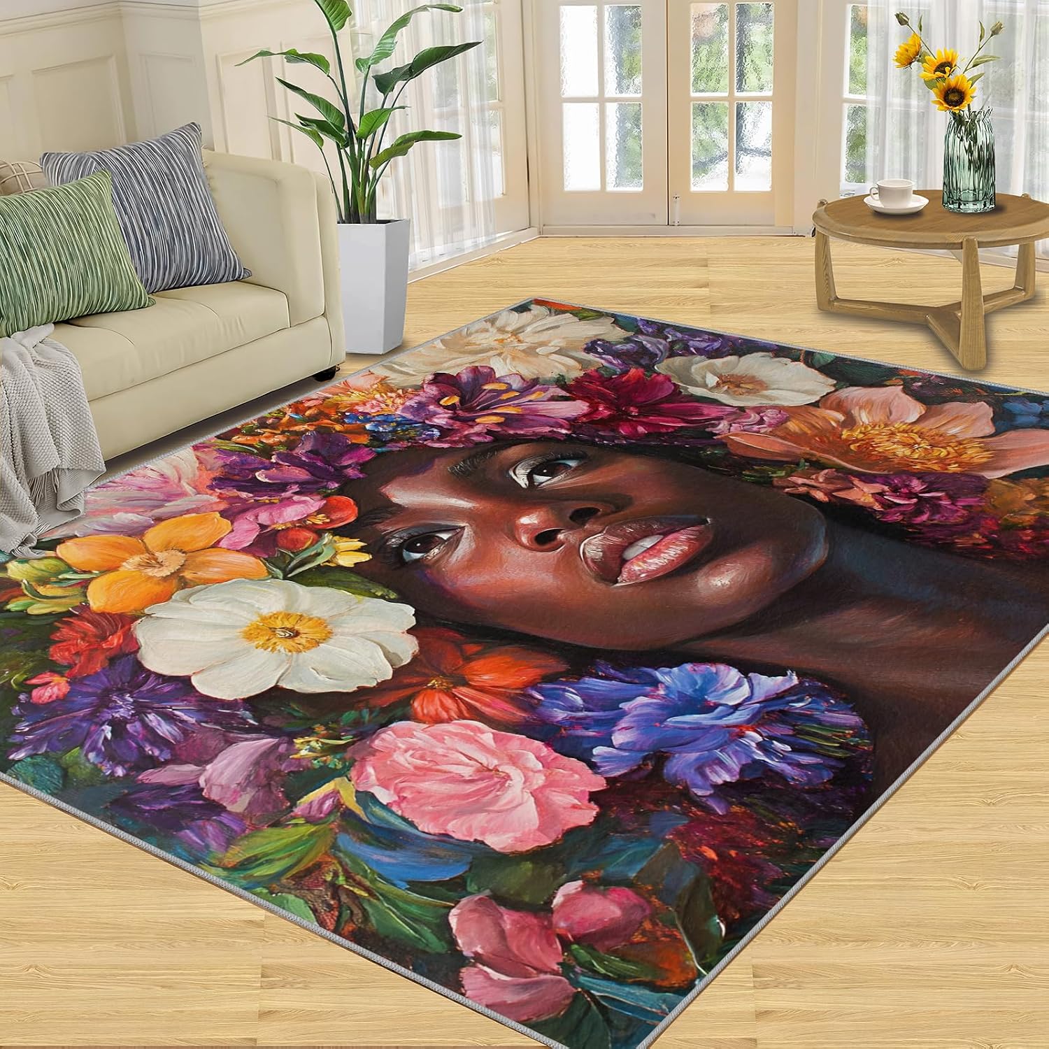 African Women Bedroom Rug, Flowers Area Rug, Home Decor Carpet for Sofa Under Living Room Floor Mat 6x8