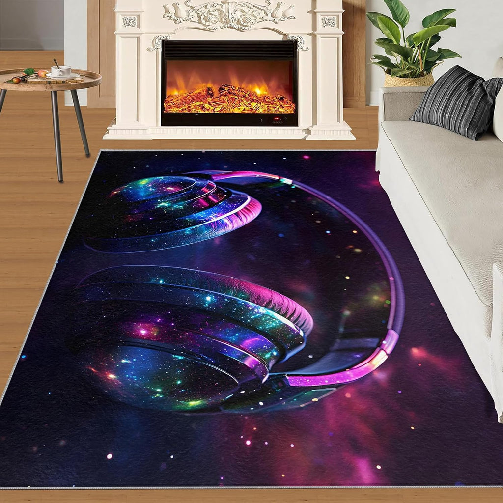 Headphones Rugs for Bedroom, Trendy Headphones Rug 6x8, Music Lover Dining Room Rugs Washable & Non Slip Large Carpet for Home Decor