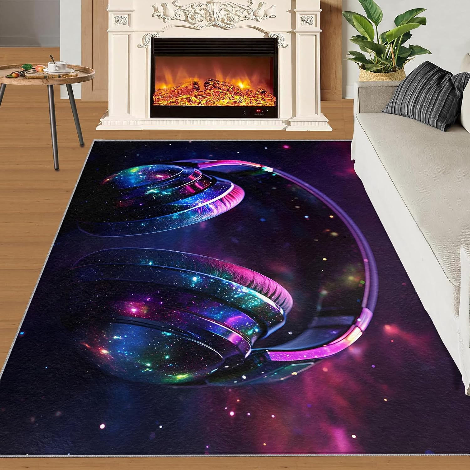 Headphones Rugs for Bedroom, Trendy Headphones Rug 6x8, Music Lover Dining Room Rugs Washable & Non Slip Large Carpet for Home Decor