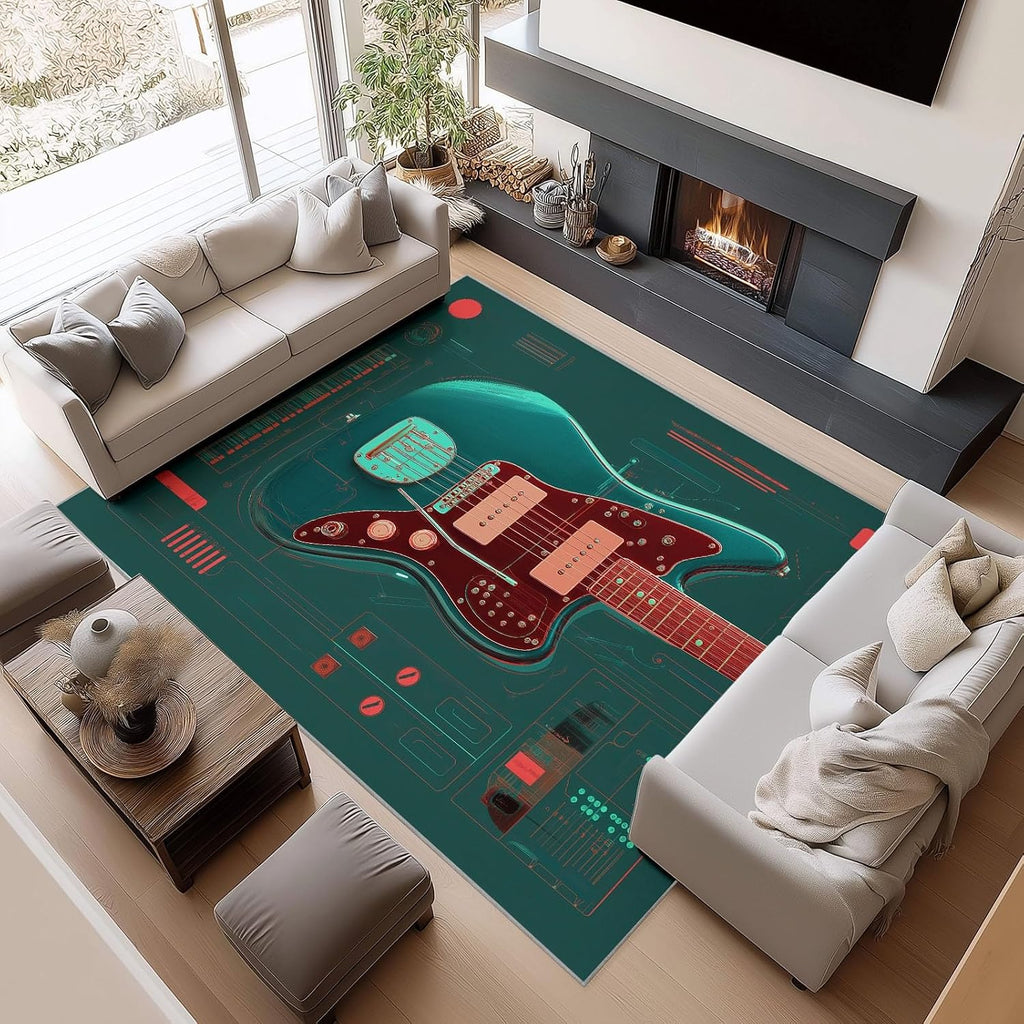 Electric Guitar Graphic Rug Living Room 6 x 9 ft Machine Washable Area Rug, Retro Low Pile Carpet for Dining Room Bedroom Indoor Dark Green Non-Slip Design Home Decor Carpet
