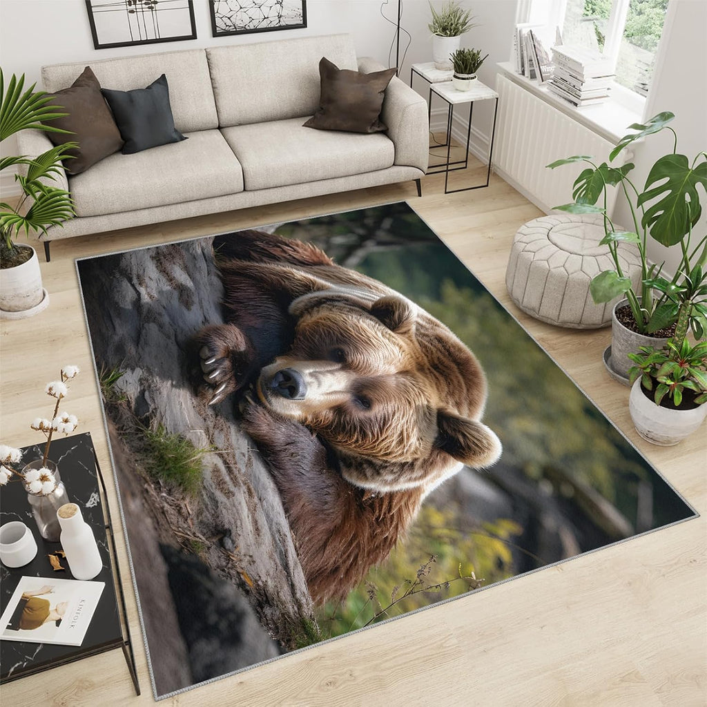 6x8 Rug Grizzly Bear Animal Wildlife Area Rugs, Forest Mountain Landscape Soft Washable Carpet, Easy Clean Rugs for Boys and Girls Nursery Bed Living Room Carpets Nursery Decor Rugs